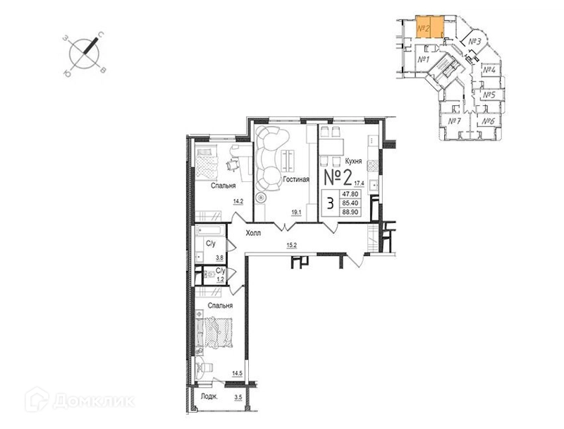 3-комнатная квартира 89.2 м² Школьный