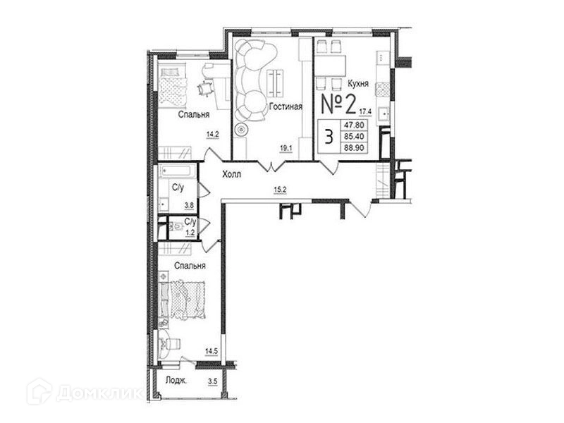 3-комнатная квартира 89.4 м² Школьный