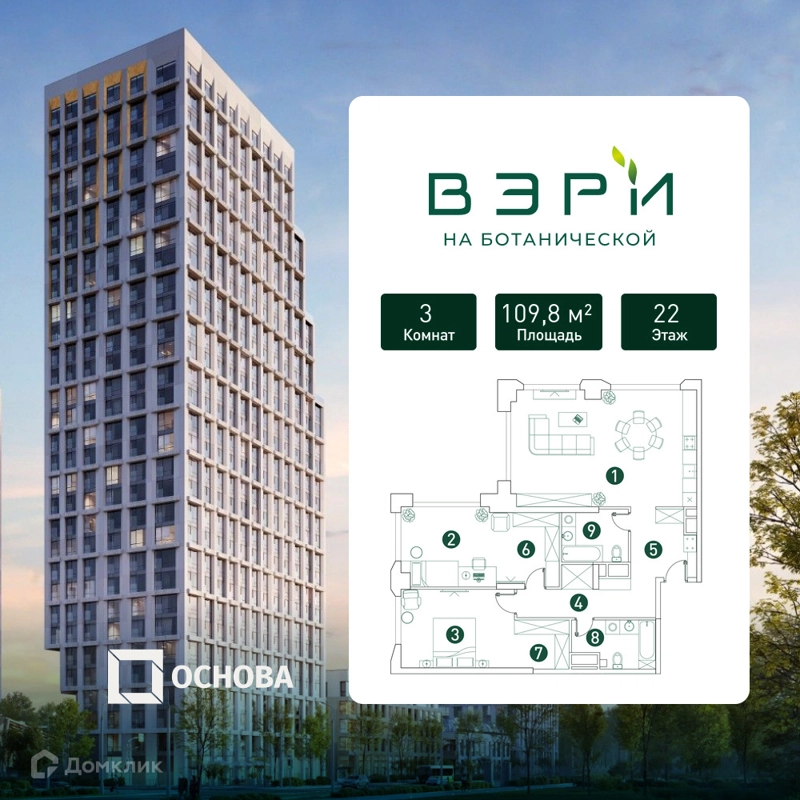 3-комнатная квартира 109.8 м² ВЭРИ на Ботанической