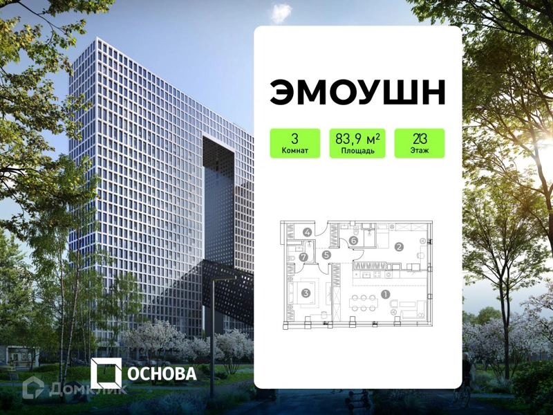 3-комнатные апартаменты 83.9 м² ЭМОУШН