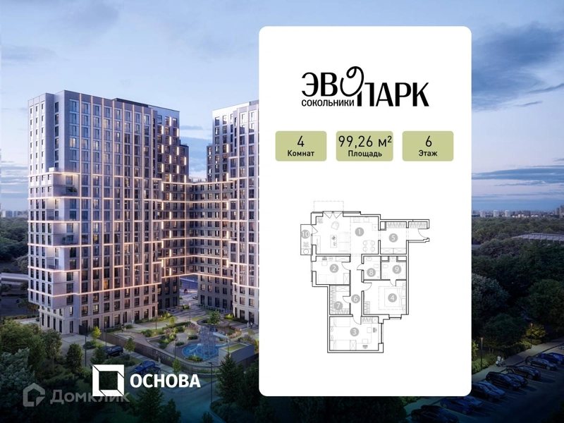 4-комнатные апартаменты 99.26 м² ЭВОПАРК Сокольники