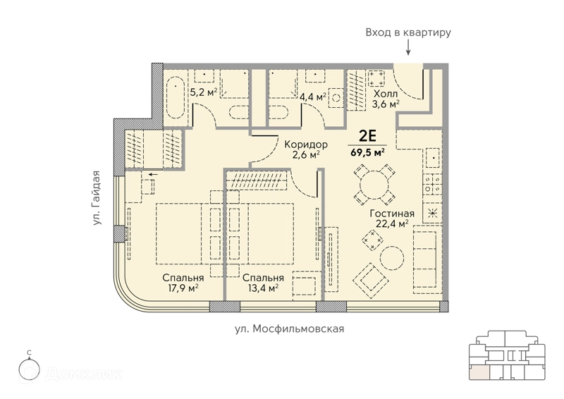 2-комнатная квартира 70.1 м² Сторис на Мосфильмовской