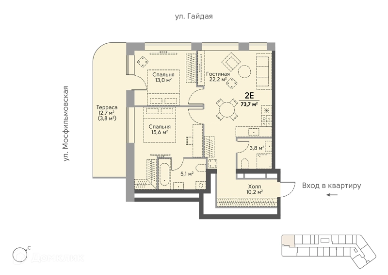 2-комнатная квартира 73.9 м² Сторис на Мосфильмовской
