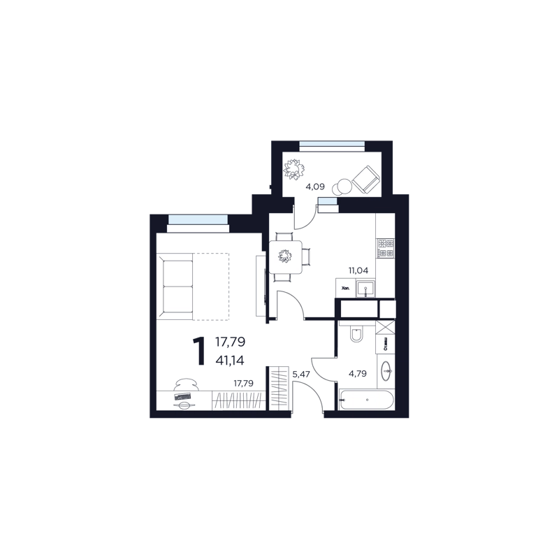 1-комнатная квартира 41.14 м² Восток 2