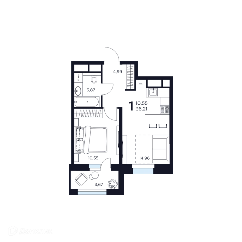 1-комнатная квартира 36.21 м² Восток 2