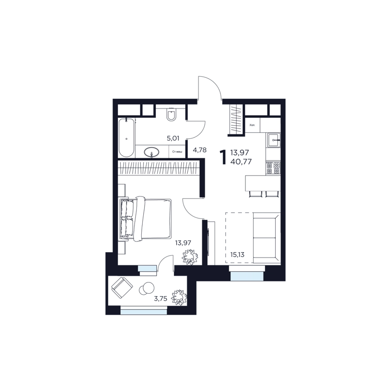 1-комнатная квартира 40.77 м² Восток 2