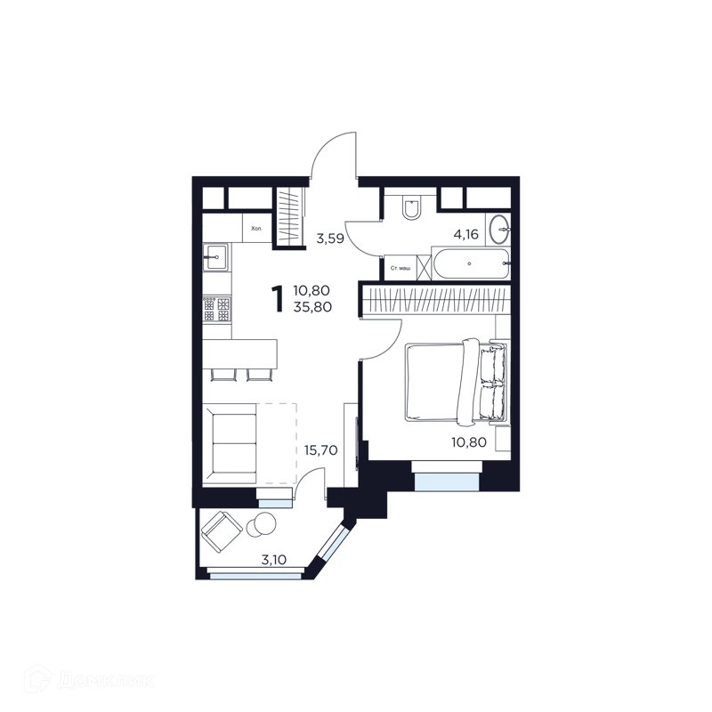 1-комнатная квартира 35.8 м² Восток 2