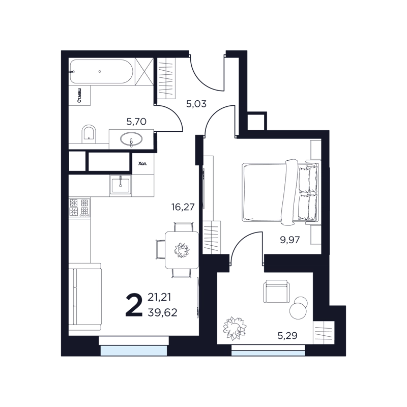 1-комнатная квартира 39.62 м² Восток 2
