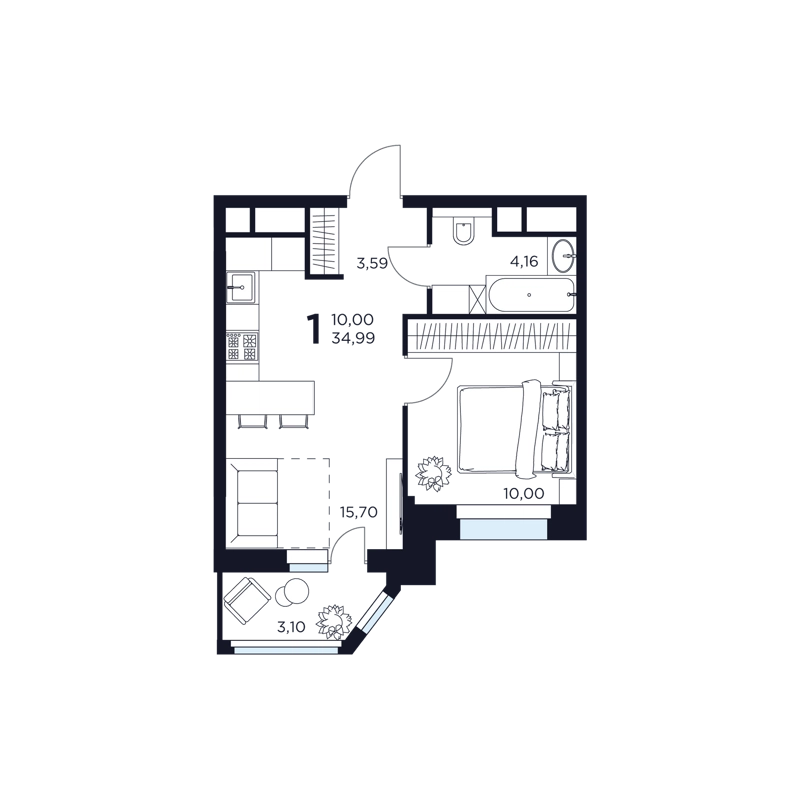 1-комнатная квартира 34.99 м² Восток 2