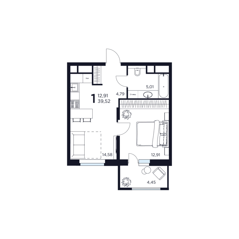 1-комнатная квартира 39.52 м² Восток 2