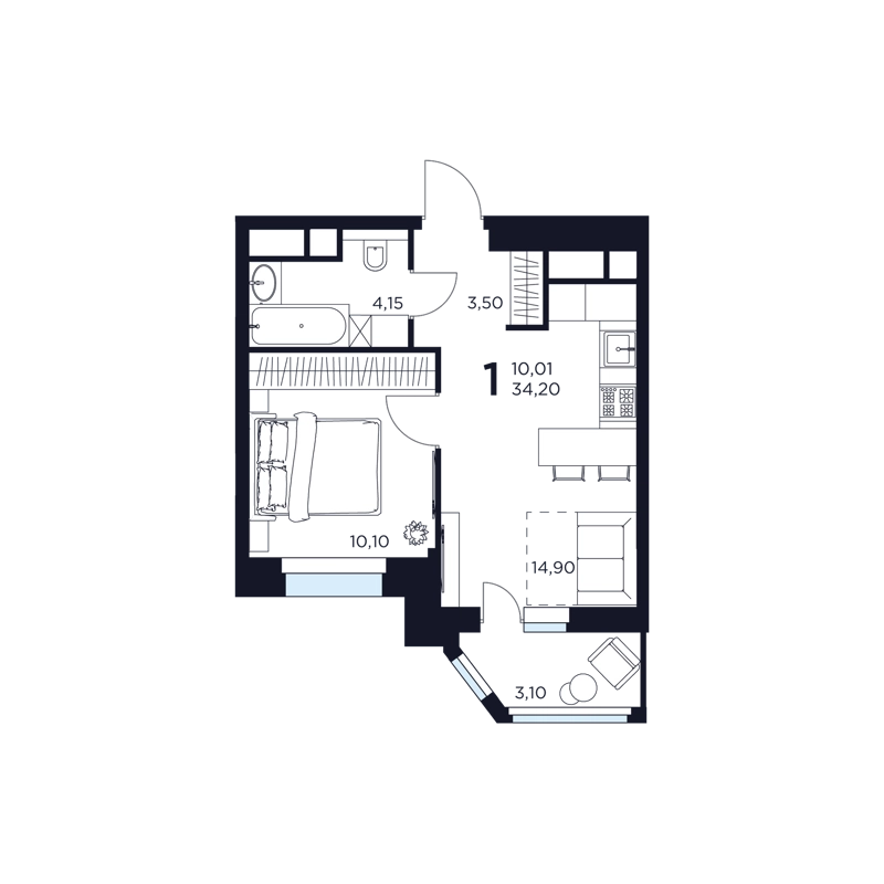 1-комнатная квартира 34.2 м² Восток 2
