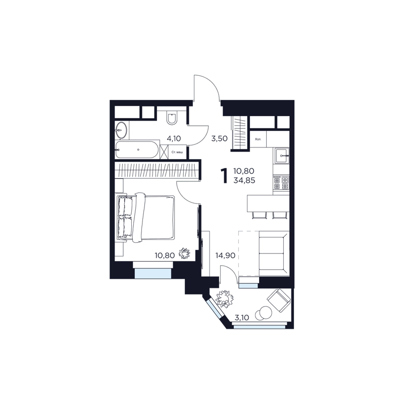 1-комнатная квартира 34.85 м² Восток 2