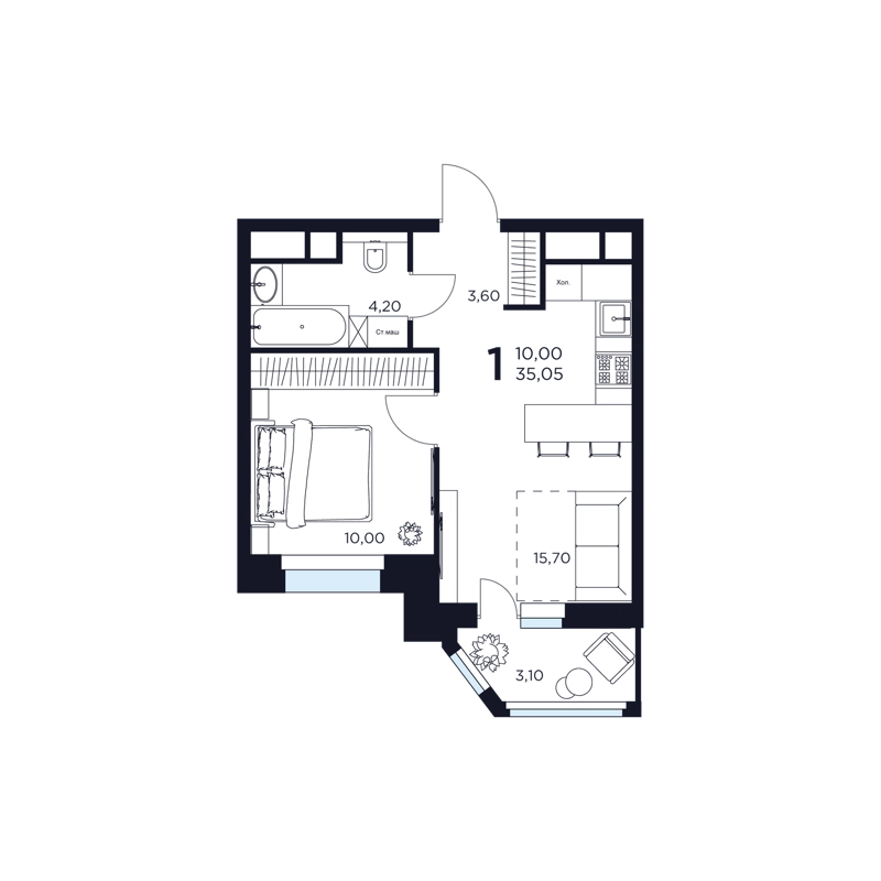 1-комнатная квартира 35.05 м² Восток 2