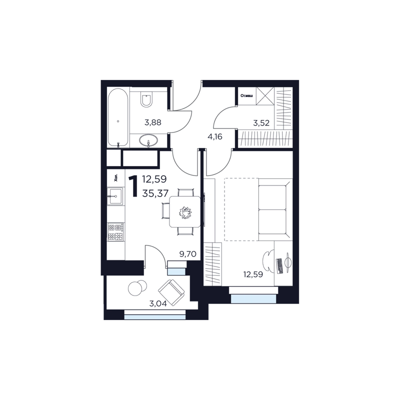 1-комнатная квартира 35.37 м² Восток 2