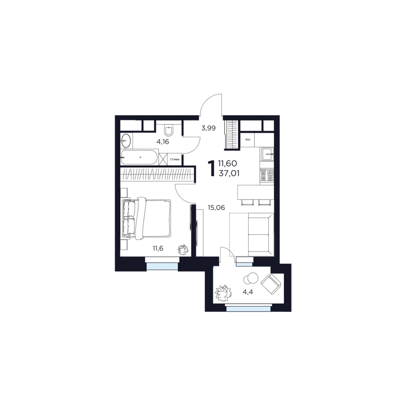 1-комнатная квартира 37.01 м² Восток 2