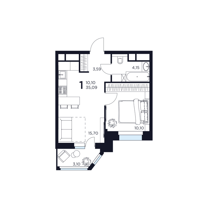 1-комнатная квартира 35.09 м² Восток 2