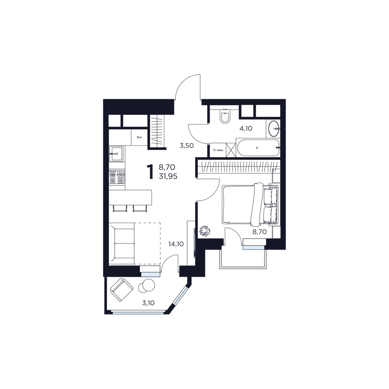 1-комнатная квартира 31.95 м² Восток 2