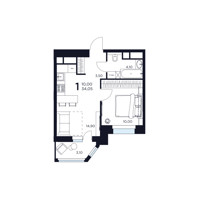 1-комнатная квартира 34.05 м² Восток 2