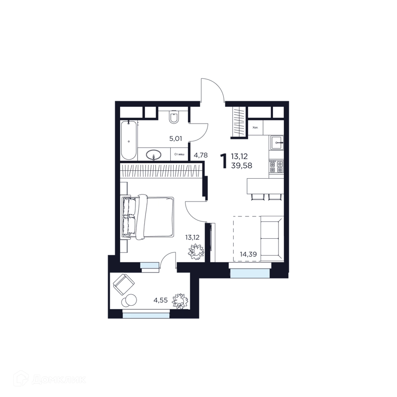 1-комнатная квартира 39.58 м² Восток 2