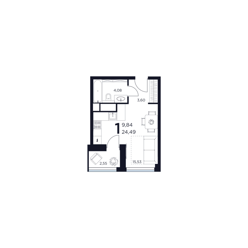 1-комнатная квартира 24.49 м² Восток 2