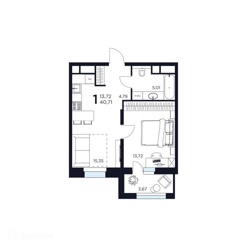 1-комнатная квартира 40.71 м² Восток 2