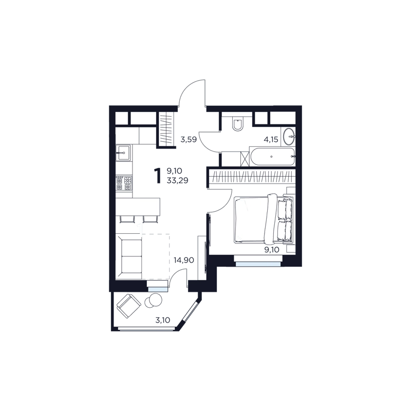 1-комнатная квартира 33.29 м² Восток 2