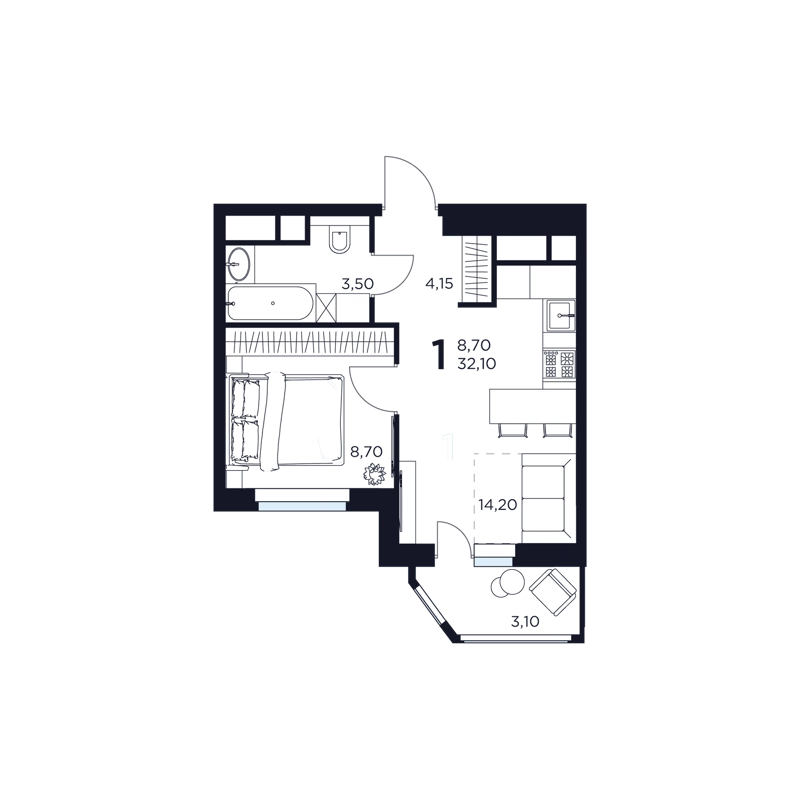 1-комнатная квартира 32.1 м² Восток 2