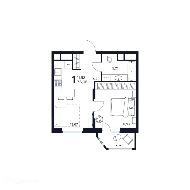 1-комнатная квартира 36.96 м² Восток 2