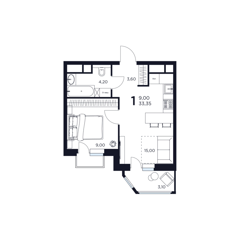 1-комнатная квартира 33.35 м² Восток 2
