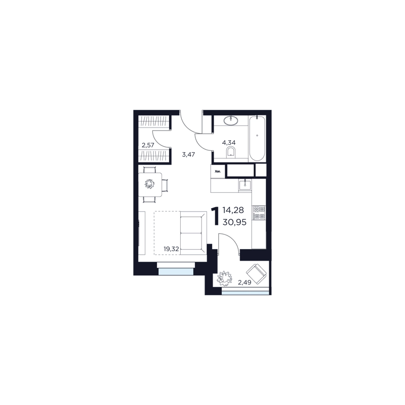 1-комнатная квартира 30.95 м² Восток 2