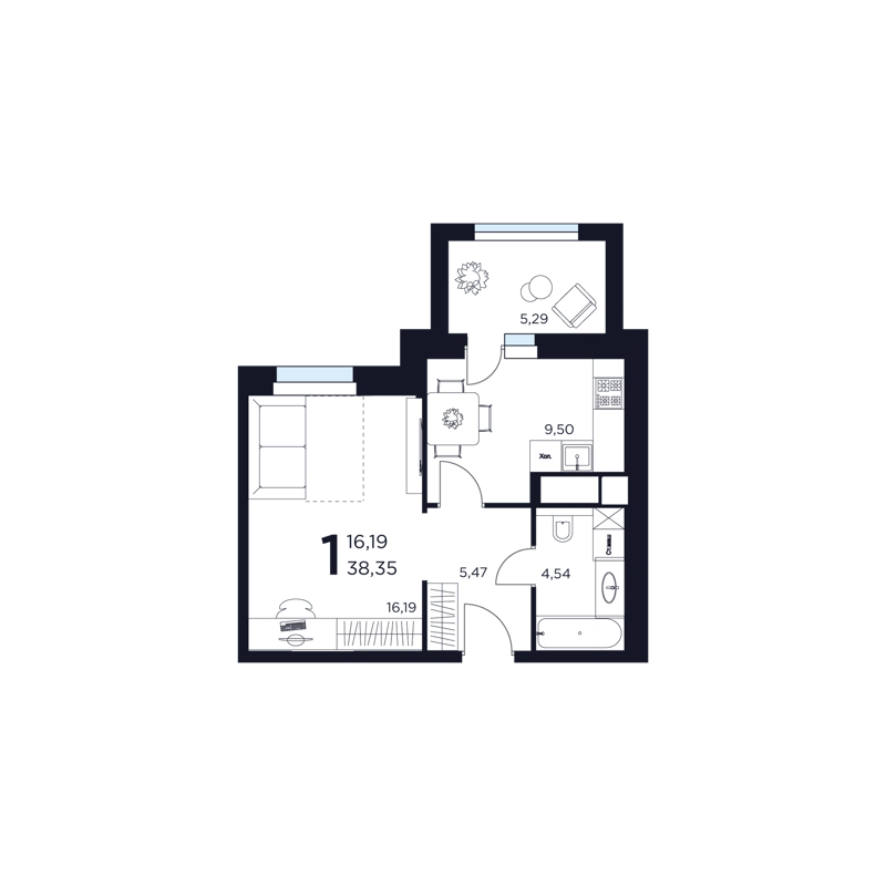 1-комнатная квартира 38.35 м² Восток 2