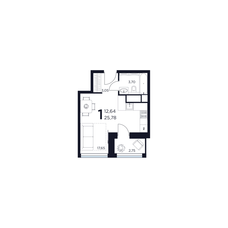 1-комнатная квартира 25.78 м² Восток 2
