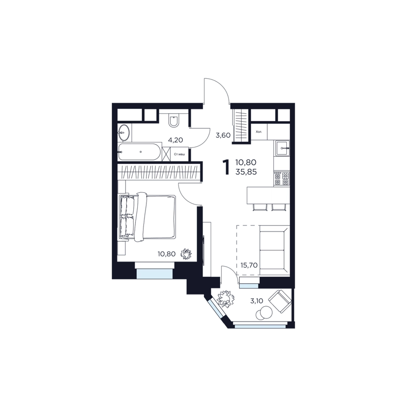 1-комнатная квартира 35.85 м² Восток 2
