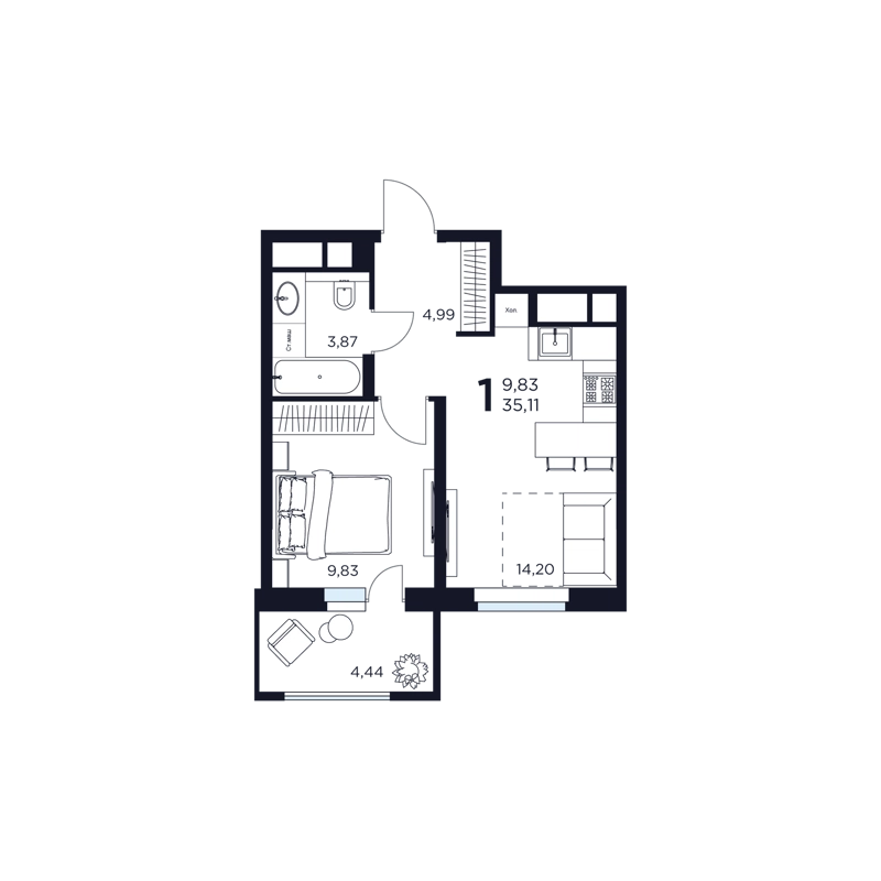 1-комнатная квартира 35.11 м² Восток 2