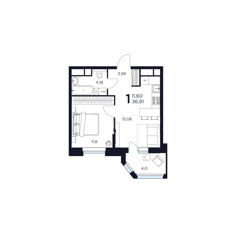 1-комнатная квартира 36.81 м² Восток 2