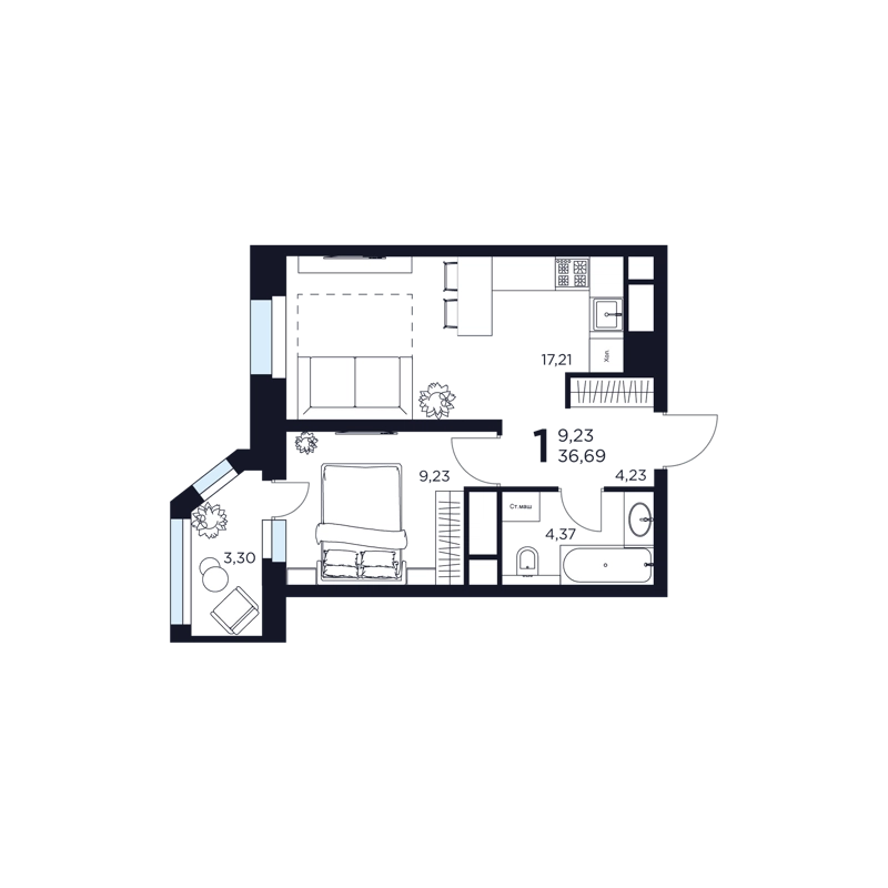 1-комнатная квартира 36.69 м² Восток 2