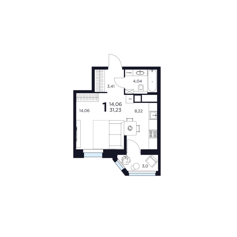 1-комнатная квартира 31.23 м² Восток 2