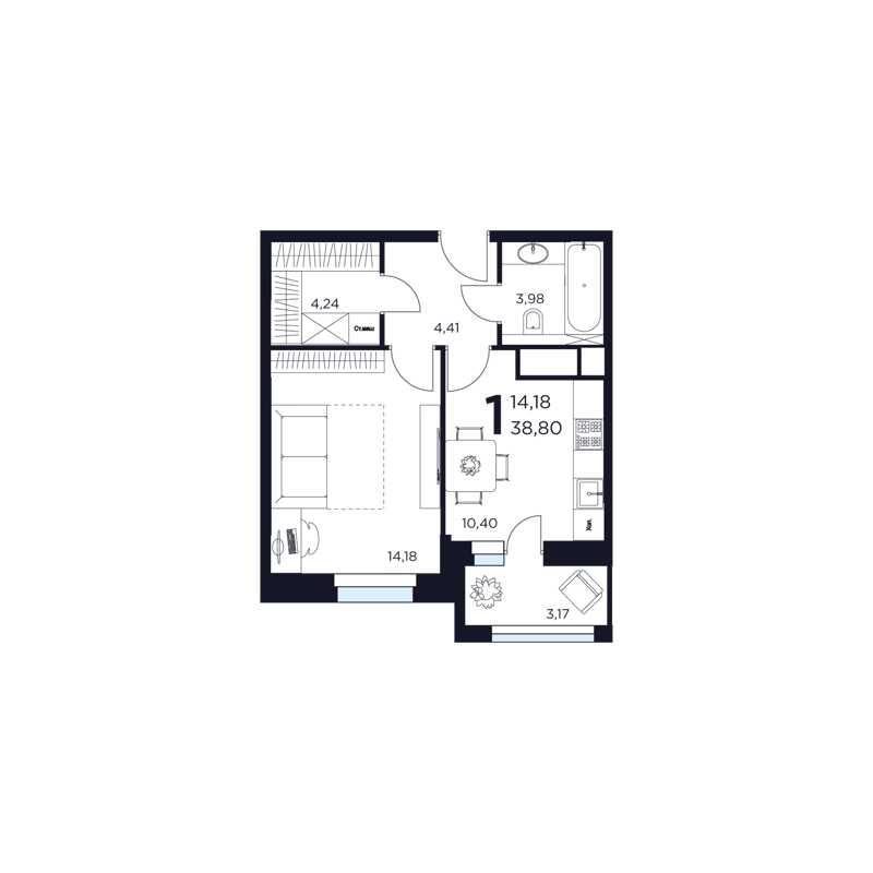 1-комнатная квартира 38.8 м² Восток 2