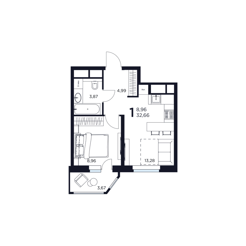 1-комнатная квартира 32.66 м² Восток 2