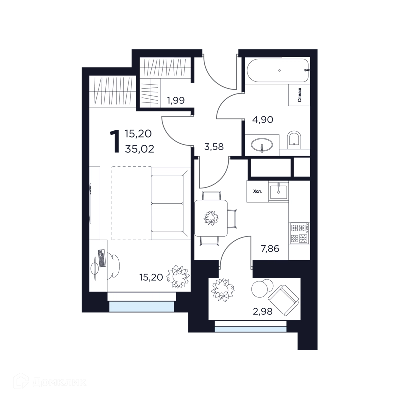 1-комнатная квартира 35.02 м² Восток 2