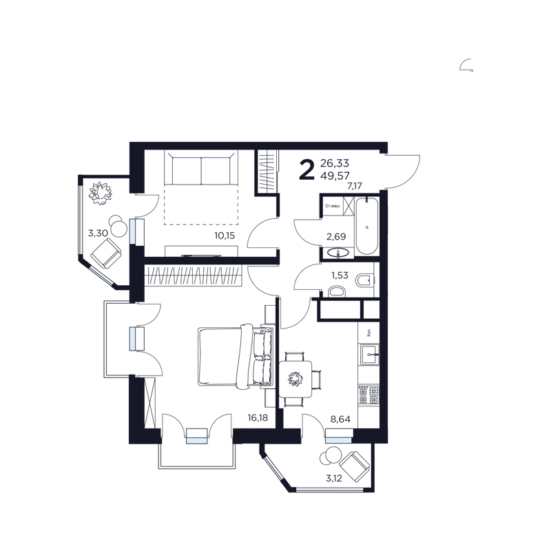 2-комнатная квартира 49.57 м² Восток 2