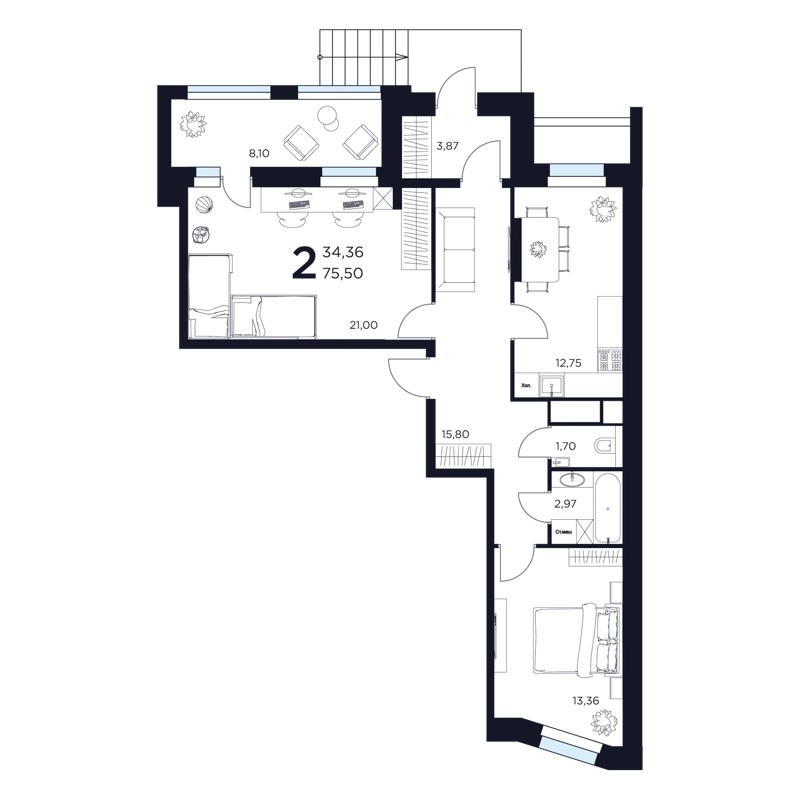 2-комнатная квартира 75.5 м² Восток 2
