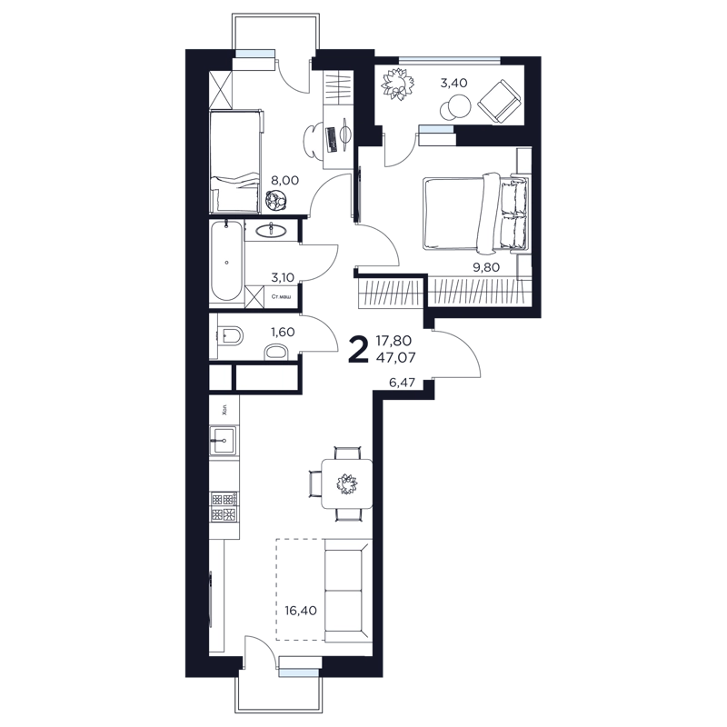 2-комнатная квартира 47.07 м² Восток 2
