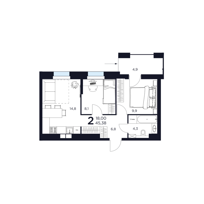 2-комнатная квартира 45.38 м² Восток 2