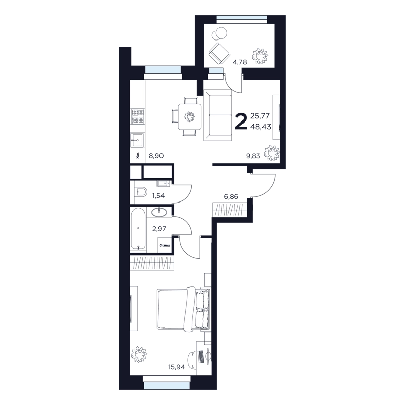 2-комнатная квартира 48.43 м² Восток 2
