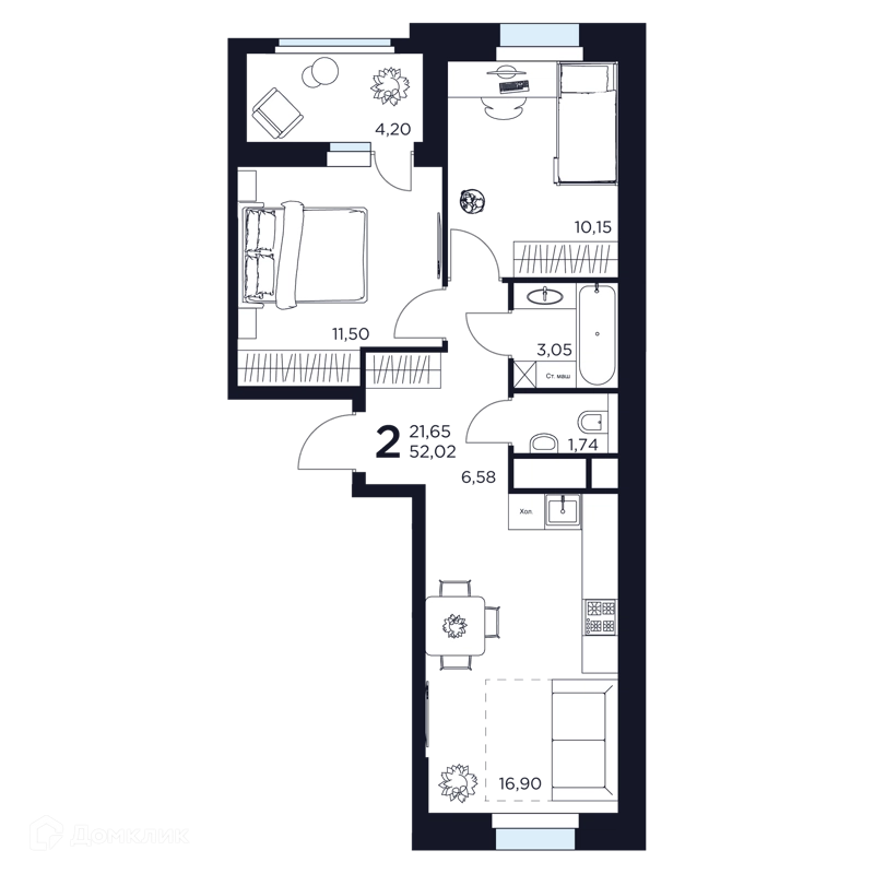 2-комнатная квартира 52.02 м² Восток 2