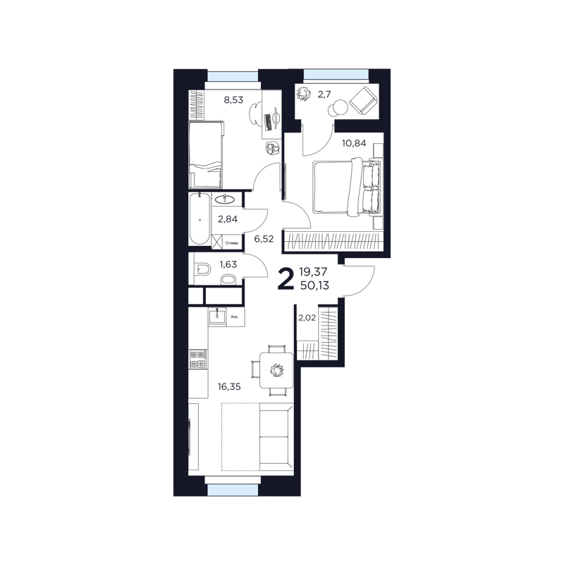 2-комнатная квартира 50.13 м² Восток 2