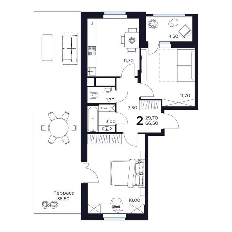 2-комнатная квартира 66.5 м² Восток 2