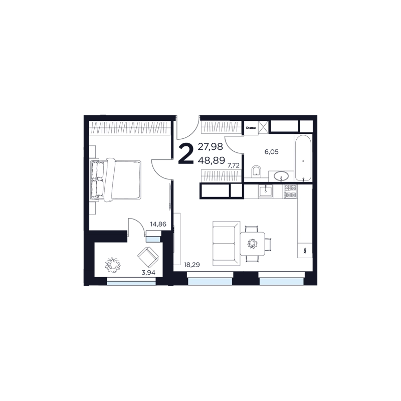 2-комнатная квартира 48.89 м² Восток 2