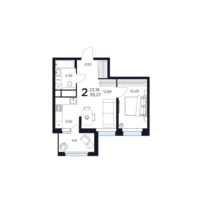 2-комнатная квартира 39.27 м² Восток 2